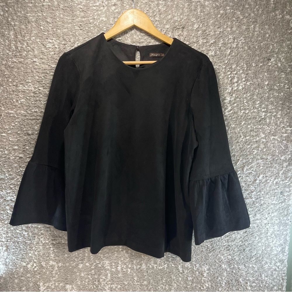 J.MCLAUGHLIN Top L Keaton Faux Suede Bell Sleeve Blouse Black Preppy Old Money